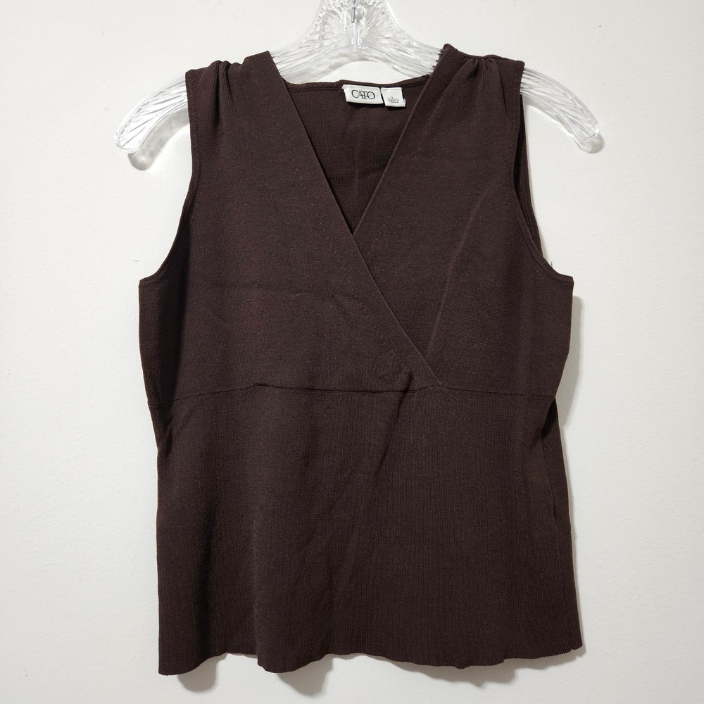 Cato Womens Brown Sleeveless Faux Wrap‎ V-Neck Knit Top Size Large Ribbed Tank